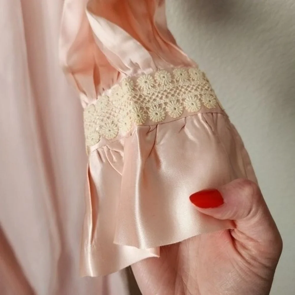 VINTAGE 70s Handmade Satin Babydoll Maxi Dress‎ Cottagecore Pink